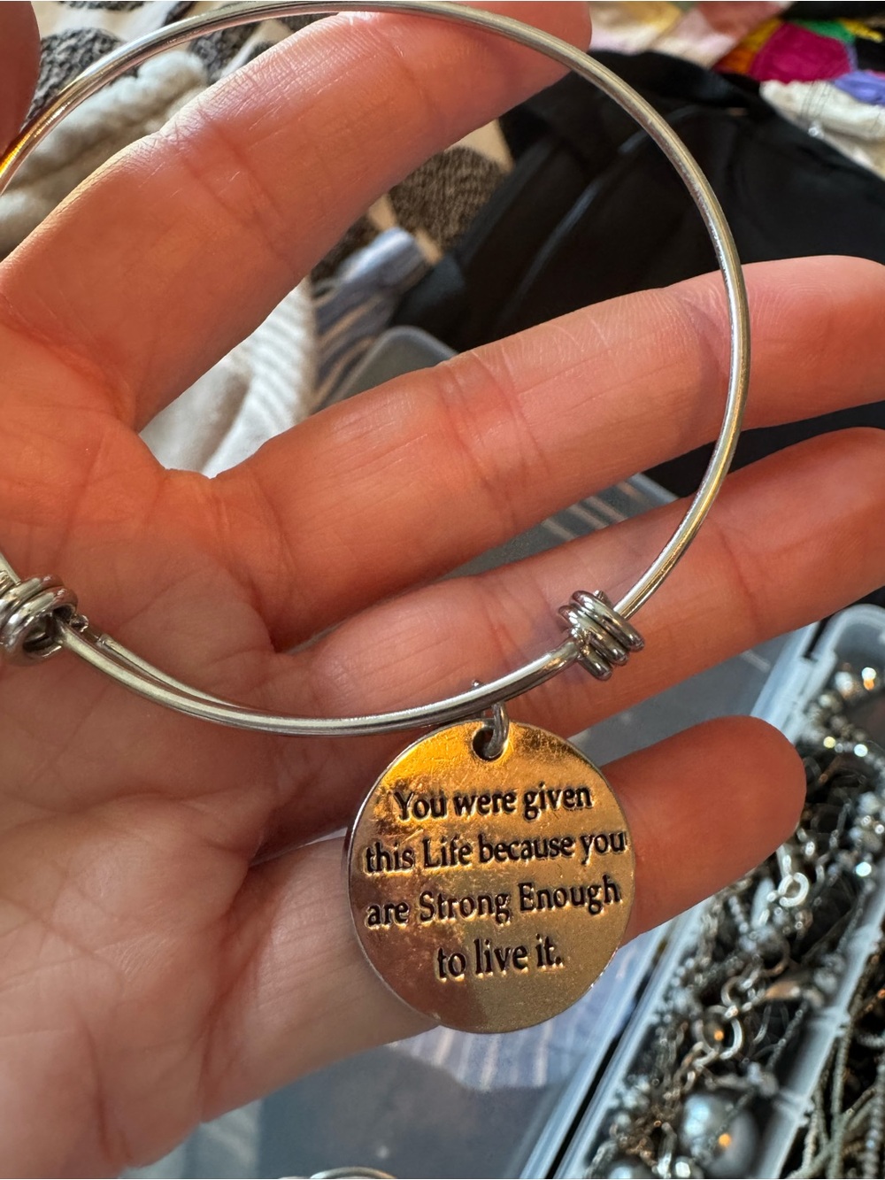 Inspirational Silver-Tone Charm Bangle Bracelet - Motivational Quote